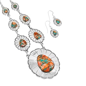 Santa Fe Style Spiny Turquoise 60.00 ctw Necklace (20 Inches) and Earrings in Sterling Silver