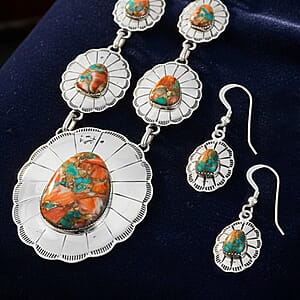 Santa Fe Style Spiny Turquoise 60.00 ctw Necklace (20 Inches) and Earrings in Sterling Silver