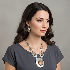 Santa Fe Style Spiny Turquoise 60.00 ctw Necklace (20 Inches) and Earrings in Sterling Silver