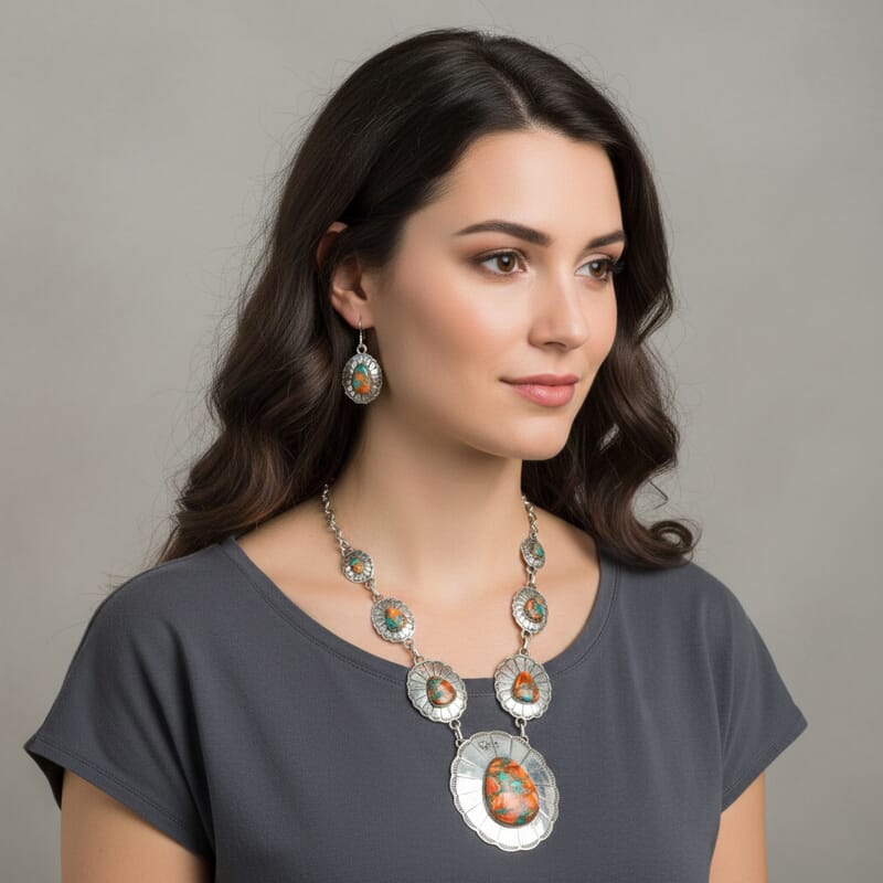 Santa Fe Style Spiny Turquoise 60.00 ctw Necklace (20 Inches) and Earrings in Sterling Silver
