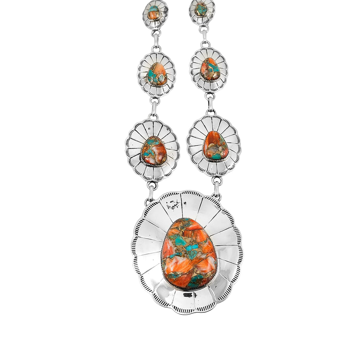 Santa Fe Style Spiny Turquoise 60.00 ctw Necklace (20 Inches) and Earrings in Sterling Silver image number 3