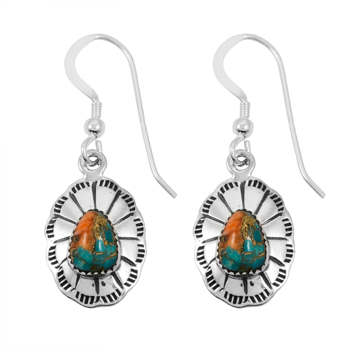 Santa Fe Style Spiny Turquoise 60.00 ctw Necklace (20 Inches) and Earrings in Sterling Silver