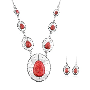 Santa Fe Style Red Coral 60.00 ctw Necklace (20 Inches) and Earrings in Sterling Silver