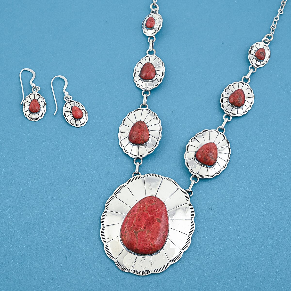 Santa Fe Style Red Coral 60.00 ctw Necklace (20 Inches) and Earrings in Sterling Silver image number 1