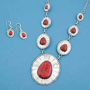 Santa Fe Style Red Coral 60.00 ctw Necklace (20 Inches) and Earrings in Sterling Silver