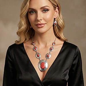 Santa Fe Style Red Coral 60.00 ctw Necklace (20 Inches) and Earrings in Sterling Silver