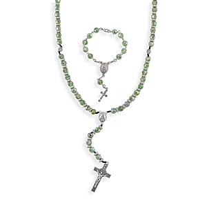 Green Glass Beaded Necklace (28 Inches) and Bracelet (7.5-9.5In) in Silvertone