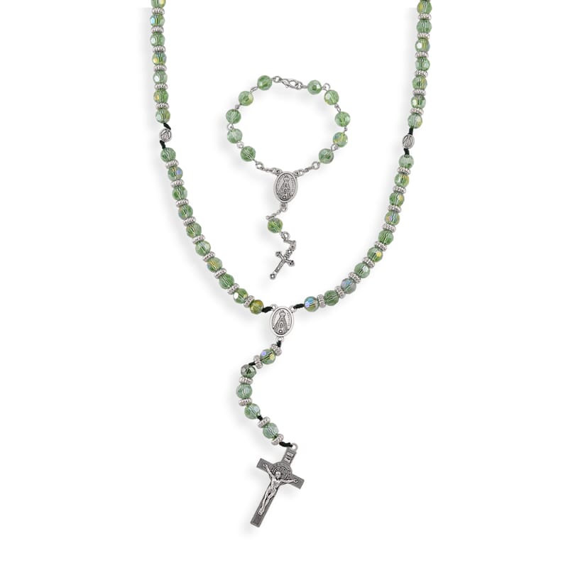 Green Glass Beaded Rosary Necklace (28 Inches) and Bracelet (7.5-9.5In) in Silvertone