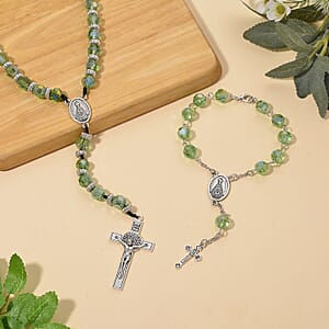 Green Glass Beaded Necklace (28 Inches) and Bracelet (7.5-9.5In) in Silvertone