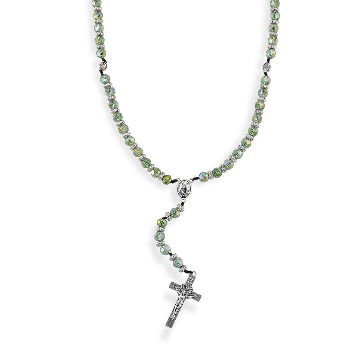 Green Glass Beaded Necklace (28 Inches) and Bracelet (7.5-9.5In) in Silvertone image number 3