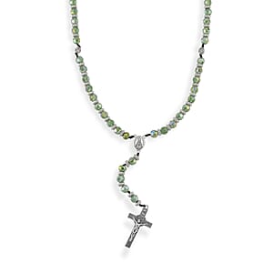Green Glass Beaded Necklace (28 Inches) and Bracelet (7.5-9.5In) in Silvertone
