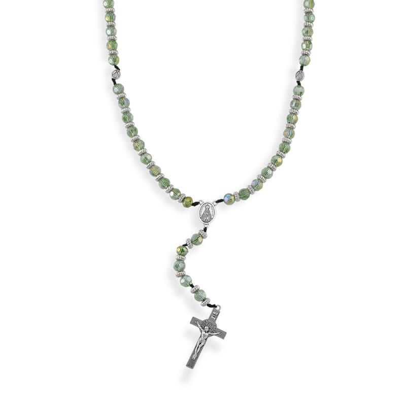 Green Glass Beaded Rosary Necklace (28 Inches) and Bracelet (7.5-9.5In) in Silvertone