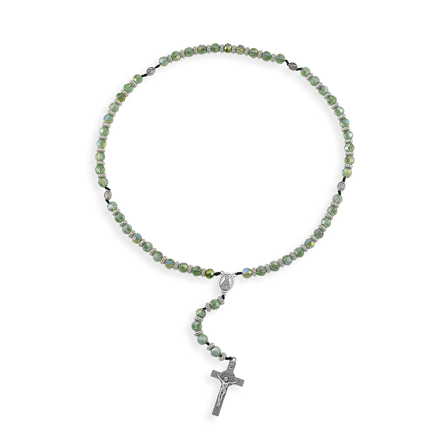 Green Glass Beaded Necklace (28 Inches) and Bracelet (7.5-9.5In) in Silvertone