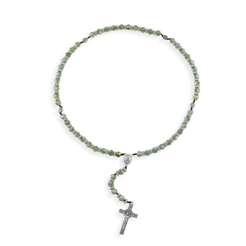 Green Glass Beaded Rosary Necklace (28 Inches) and Bracelet (7.5-9.5In) in Silvertone