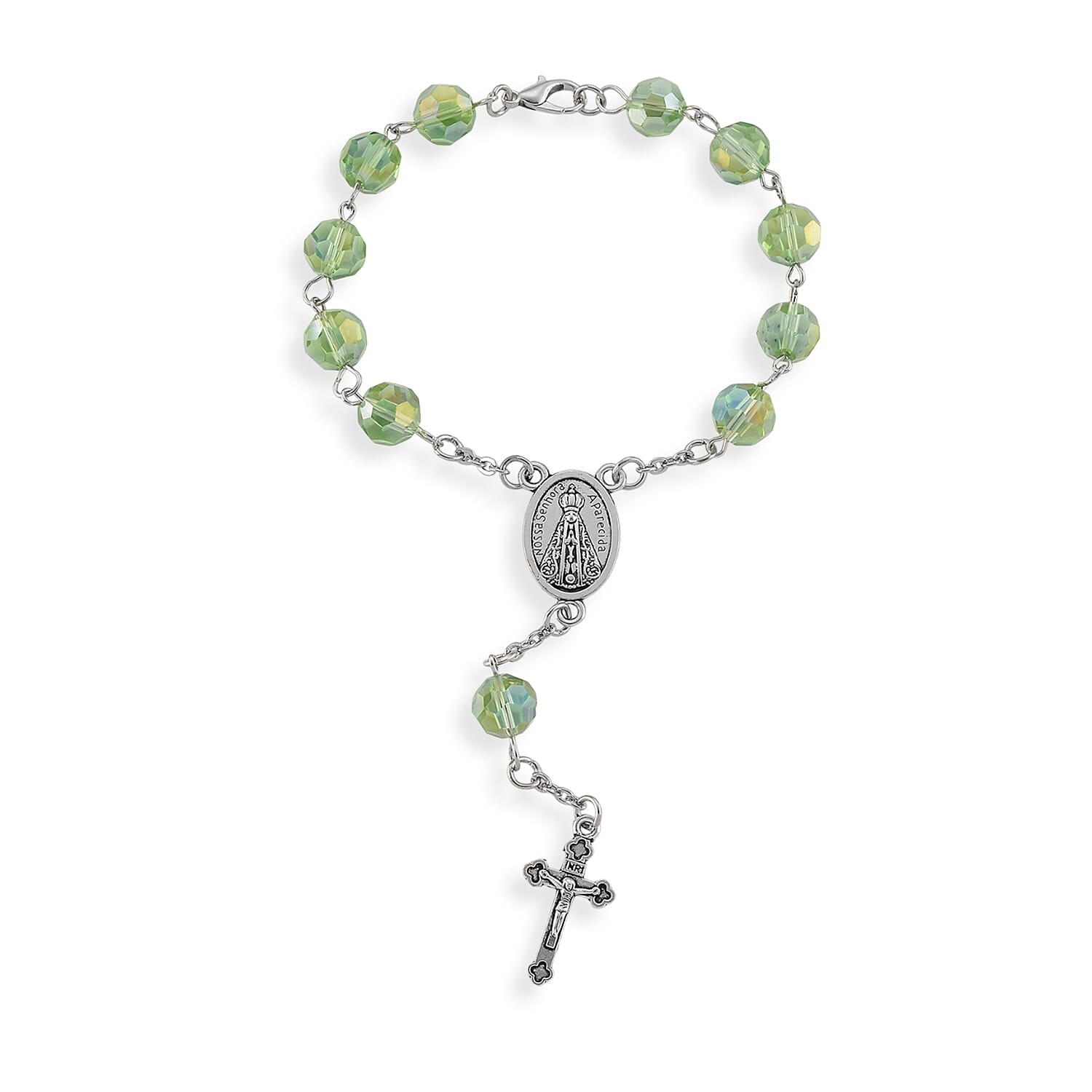 Green Glass Beaded Necklace (28 Inches) and Bracelet (7.5-9.5In) in Silvertone