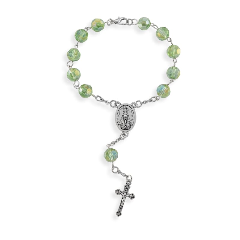 Green Glass Beaded Rosary Necklace (28 Inches) and Bracelet (7.5-9.5In) in Silvertone