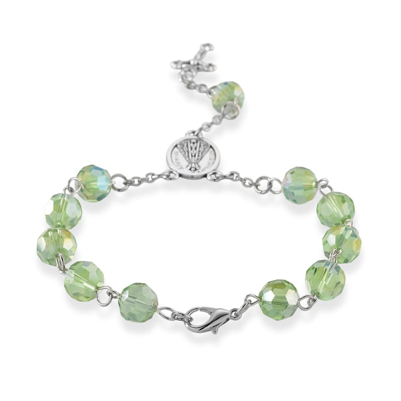 Green Glass Beaded Rosary Necklace (28 Inches) and Bracelet (7.5-9.5In) in Silvertone