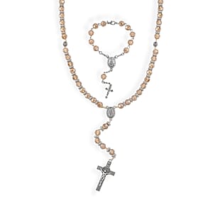 Champagne Glass Beaded Necklace (28 Inches) and Bracelet (7.5-9.5In) in Silvertone