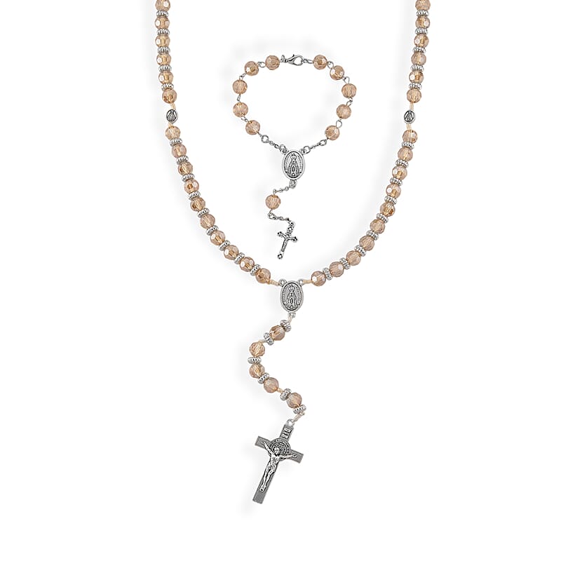 Champagne Glass Beaded Necklace (28 Inches) and Bracelet (7.5-9.5In) in Silvertone