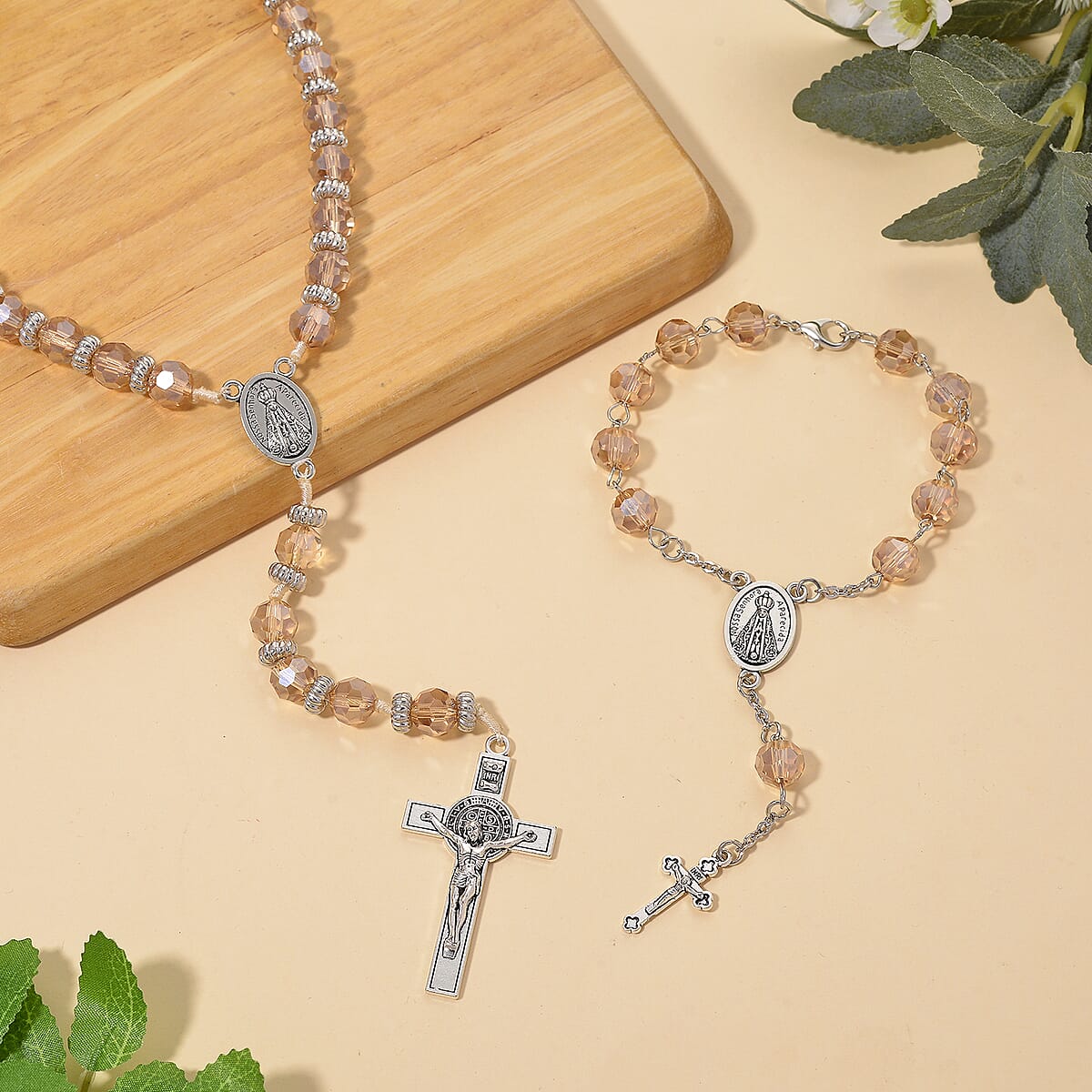 Champagne Glass Beaded Necklace (28 Inches) and Bracelet (7.5-9.5In) in Silvertone image number 1