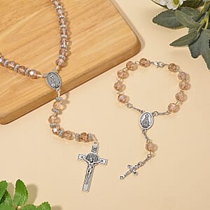 Champagne Glass Beaded Necklace (28 Inches) and Bracelet (7.5-9.5In) in Silvertone