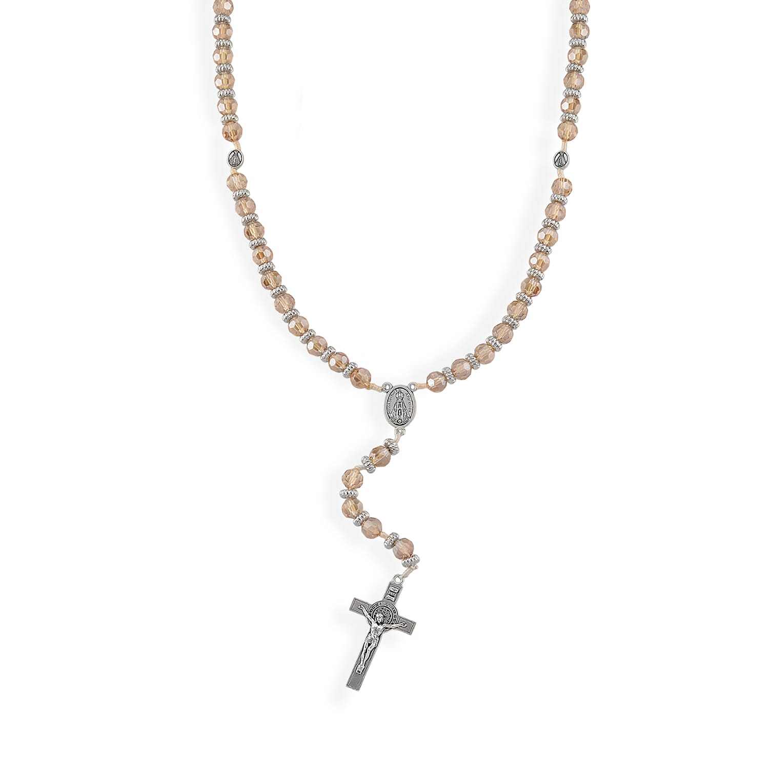 Champagne Glass Beaded Necklace (28 Inches) and Bracelet (7.5-9.5In) in Silvertone