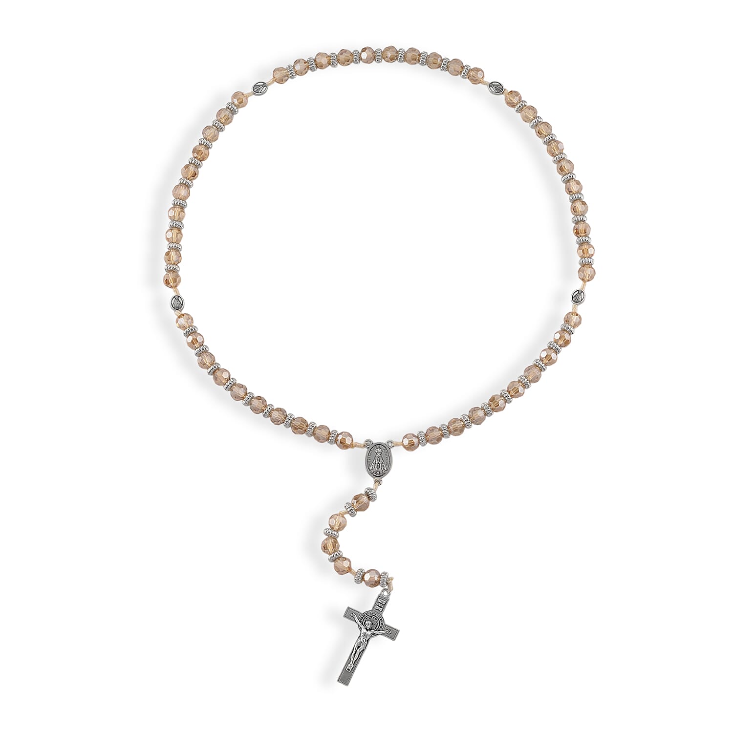Champagne Glass Beaded Necklace (28 Inches) and Bracelet (7.5-9.5In) in Silvertone