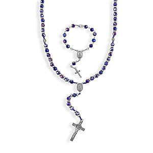 Sapphire Blue Glass Beaded Necklace (28 Inches) and Bracelet (7.5-9.5In) in Silvertone