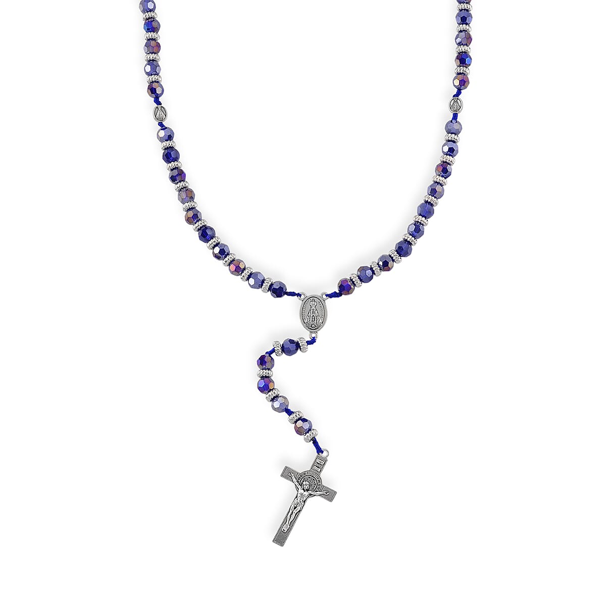 Sapphire Blue Glass Beaded Necklace (28 Inches) and Bracelet (7.5-9.5In) in Silvertone image number 3