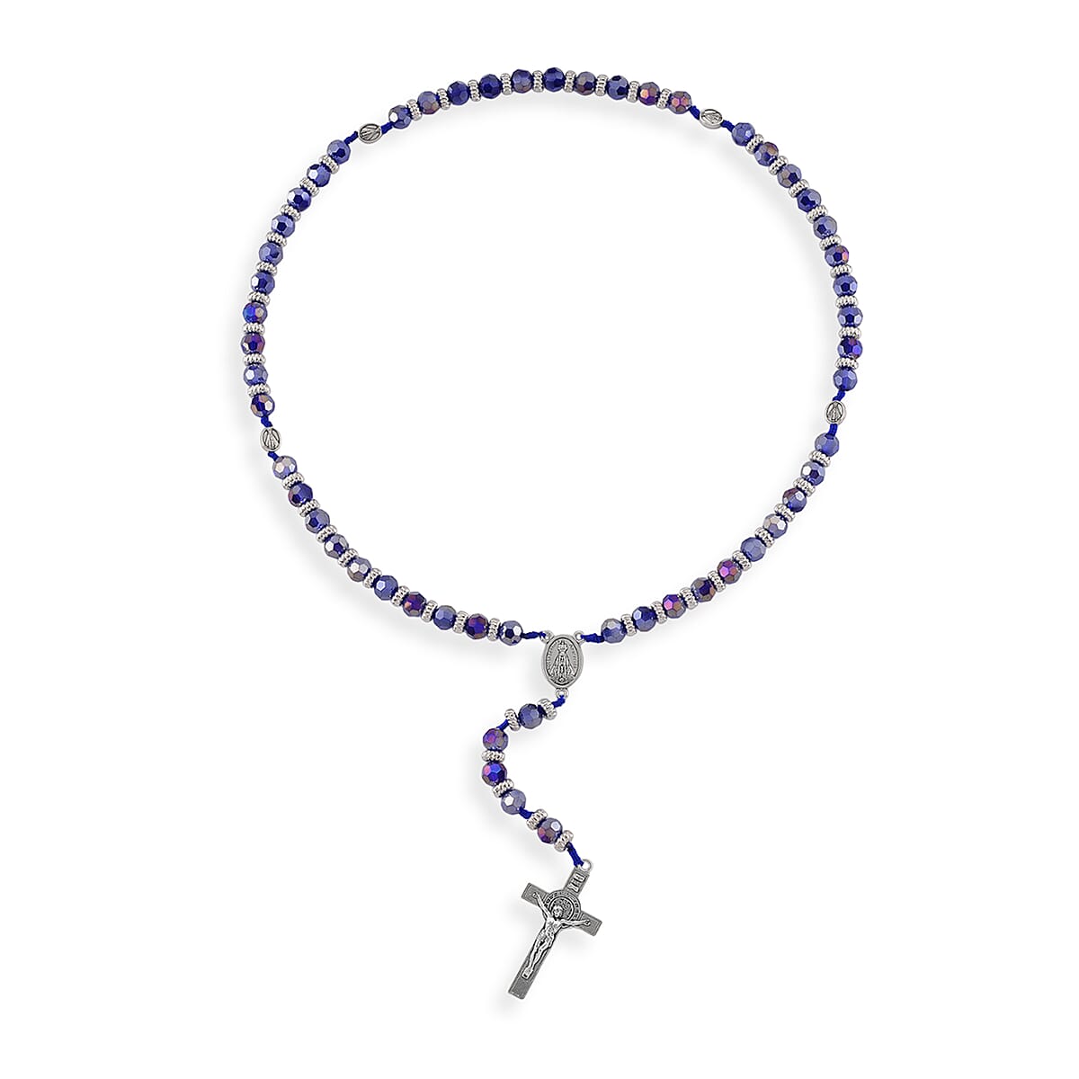 Sapphire Blue Glass Beaded Necklace (28 Inches) and Bracelet (7.5-9.5In) in Silvertone image number 4