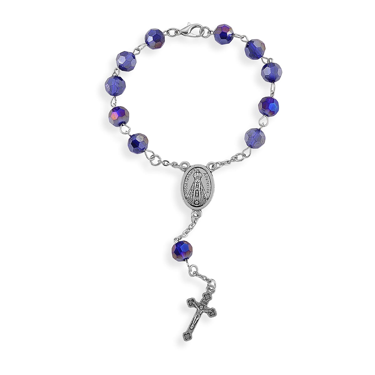 Sapphire Blue Glass Beaded Necklace (28 Inches) and Bracelet (7.5-9.5In) in Silvertone image number 5
