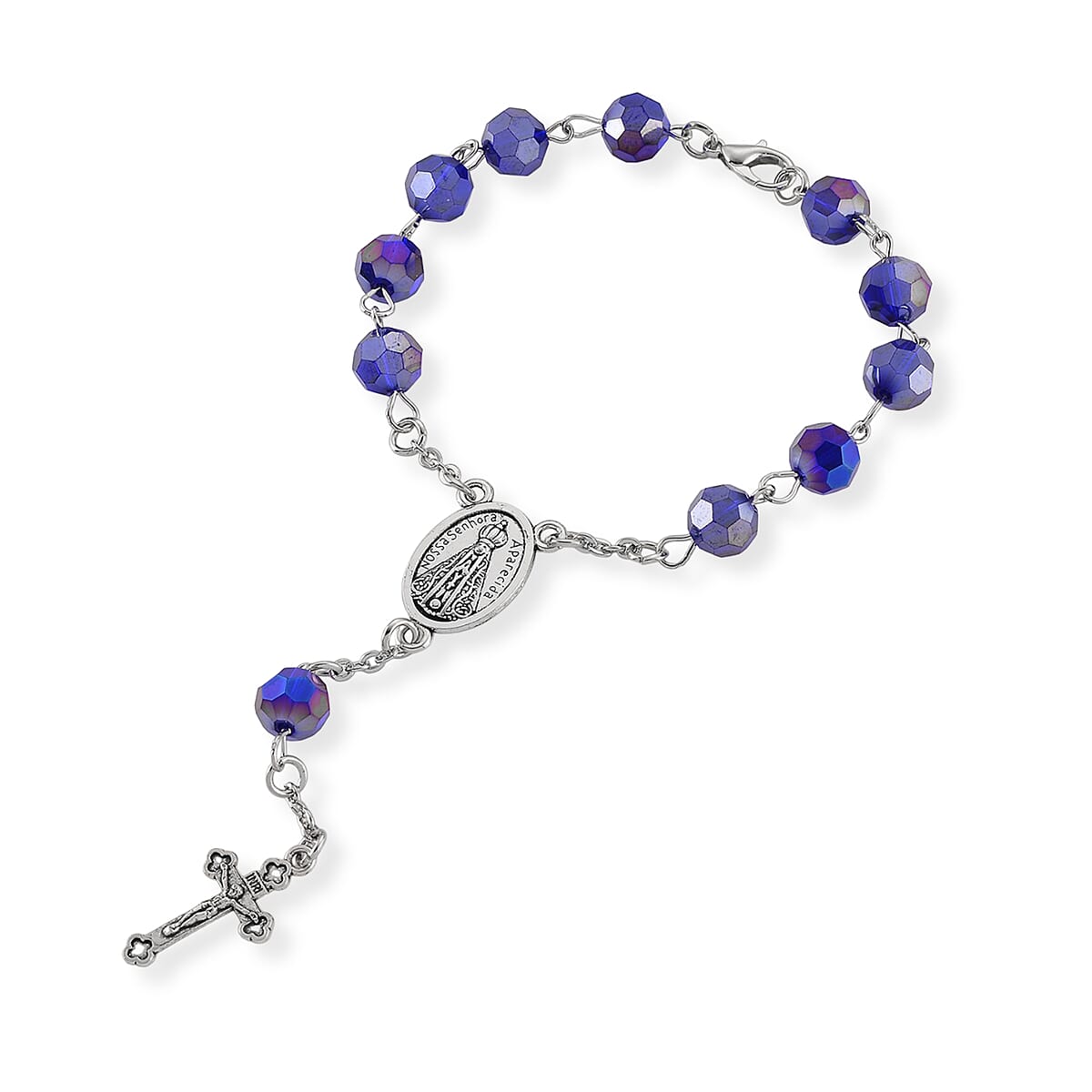 Sapphire Blue Glass Beaded Necklace (28 Inches) and Bracelet (7.5-9.5In) in Silvertone image number 6