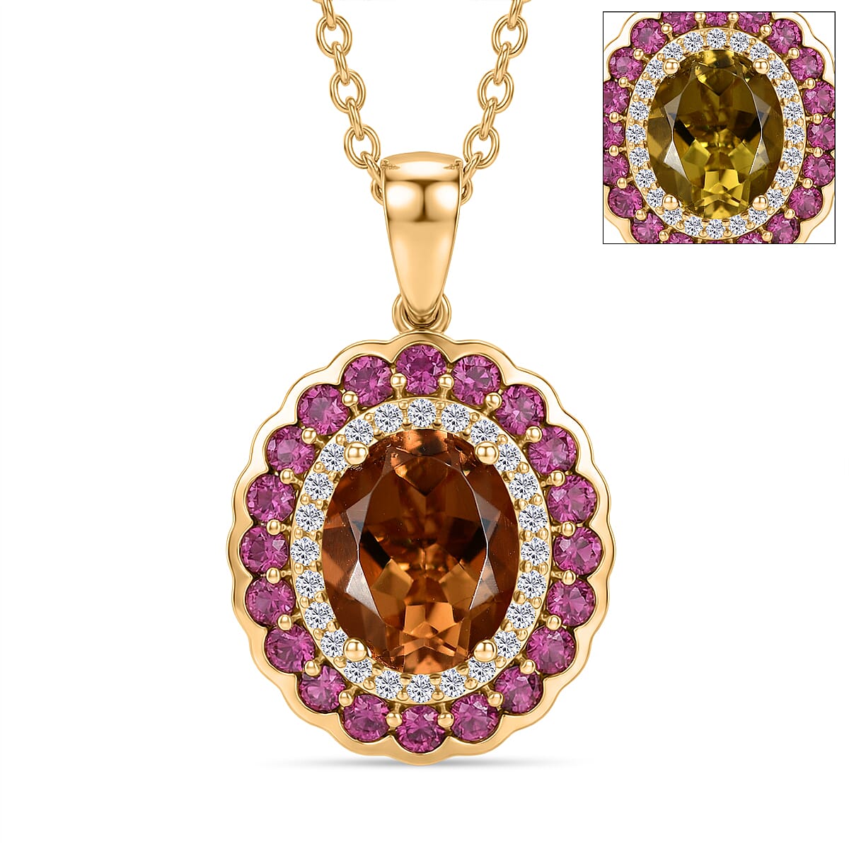 EverTrue Autumn Alexite and Multi Gemstone 3.80 ctw Fallfire Bloom Pendant in 18K YG Plated with ION Plated YG Stainless Steel Necklace 20 Inches
