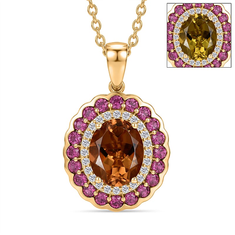 EverTrue Autumn Alexite and Multi Gemstone 3.80 ctw Fallfire Bloom Pendant in 18K YG Plated with ION Plated YG Stainless Steel Necklace 20 Inches