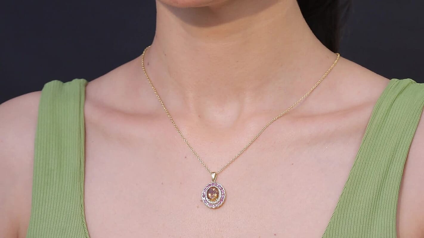 EverTrue Autumn Alexite and Multi Gemstone 3.80 ctw Fallfire Bloom Pendant in 18K YG Plated with ION Plated YG Stainless Steel Necklace 20 Inches