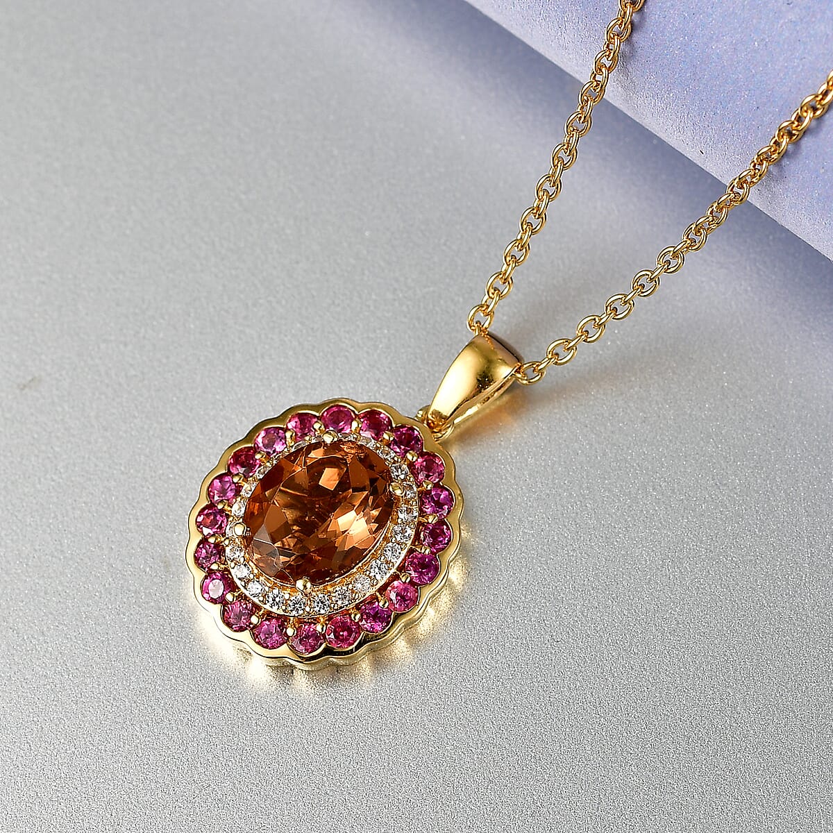 EverTrue Autumn Alexite and Multi Gemstone 3.80 ctw Fallfire Bloom Pendant in 18K YG Plated with ION Plated YG Stainless Steel Necklace 20 Inches image number 1