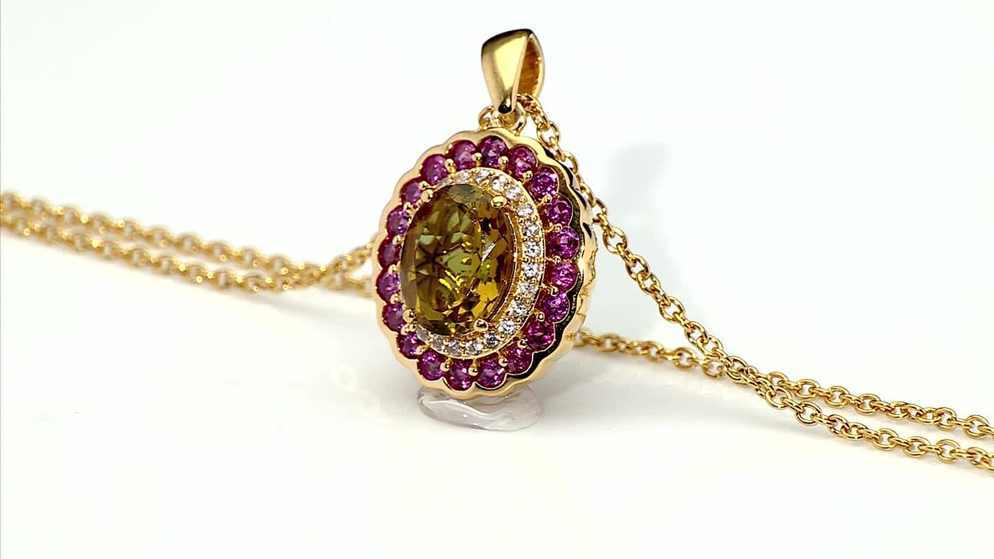 EverTrue Autumn Alexite and Multi Gemstone 3.80 ctw Fallfire Bloom Pendant in 18K YG Plated with ION Plated YG Stainless Steel Necklace 20 Inches