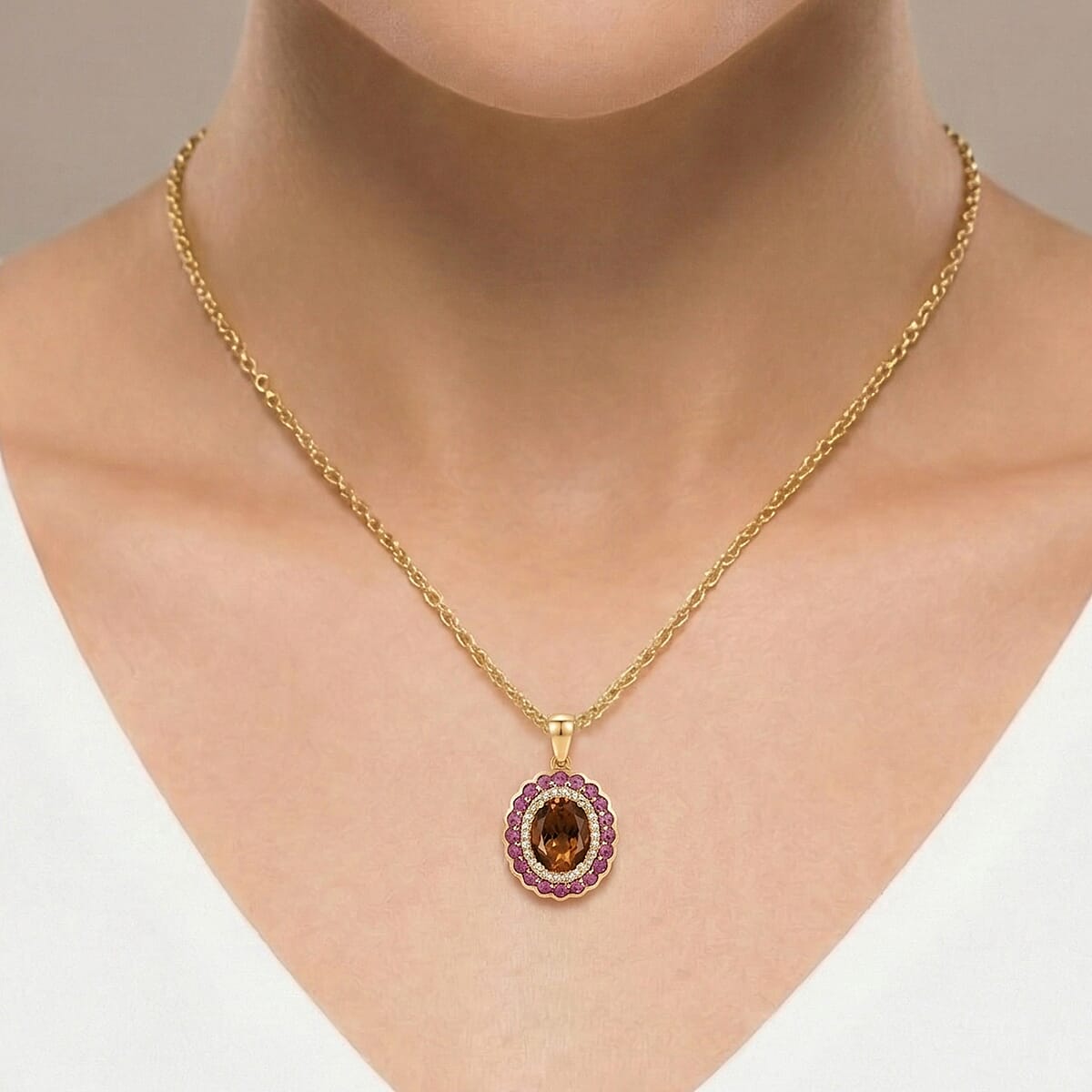 EverTrue Autumn Alexite and Multi Gemstone 3.80 ctw Fallfire Bloom Pendant in 18K YG Plated with ION Plated YG Stainless Steel Necklace 20 Inches image number 2