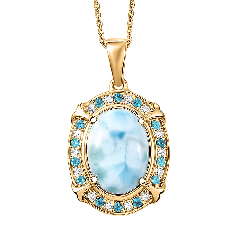 D'Joy AAA Larimar and Multi Gemstone 7.50 ctw Whispering Tide Halo Pendant Necklace in 18K Vermeil Yellow Gold Over Sterling Silver 20 Inches