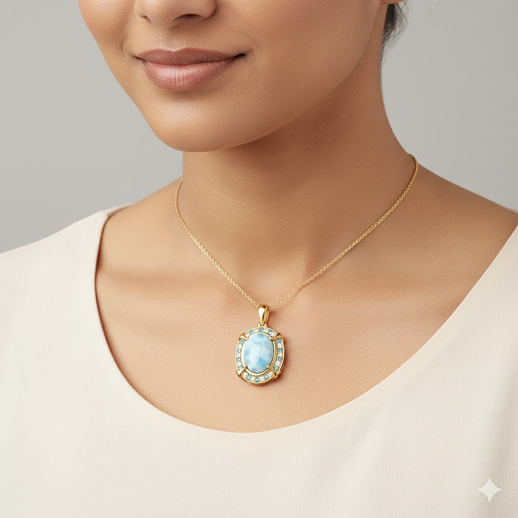 D'Joy AAA Larimar and Multi Gemstone 7.50 ctw Whispering Tide Halo Pendant Necklace in 18K Vermeil Yellow Gold Over Sterling Silver 20 Inches
