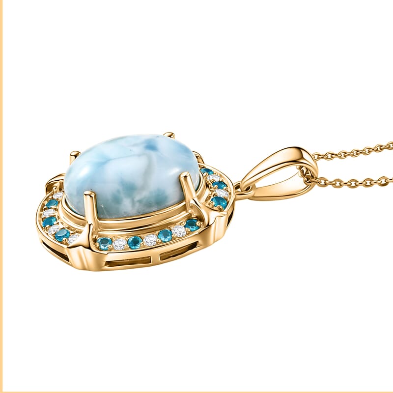 D'Joy AAA Larimar and Multi Gemstone 7.50 ctw Whispering Tide Halo Pendant Necklace in 18K Vermeil Yellow Gold Over Sterling Silver 20 Inches