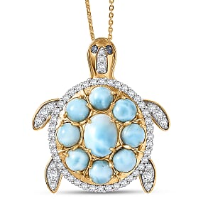 D'Joy AAA Larimar and Multi Gemstone 8.30 ctw Sea Turtle Pendant Necklace in 18K Vermeil Yellow Gold Over Sterling Silver 20 Inches