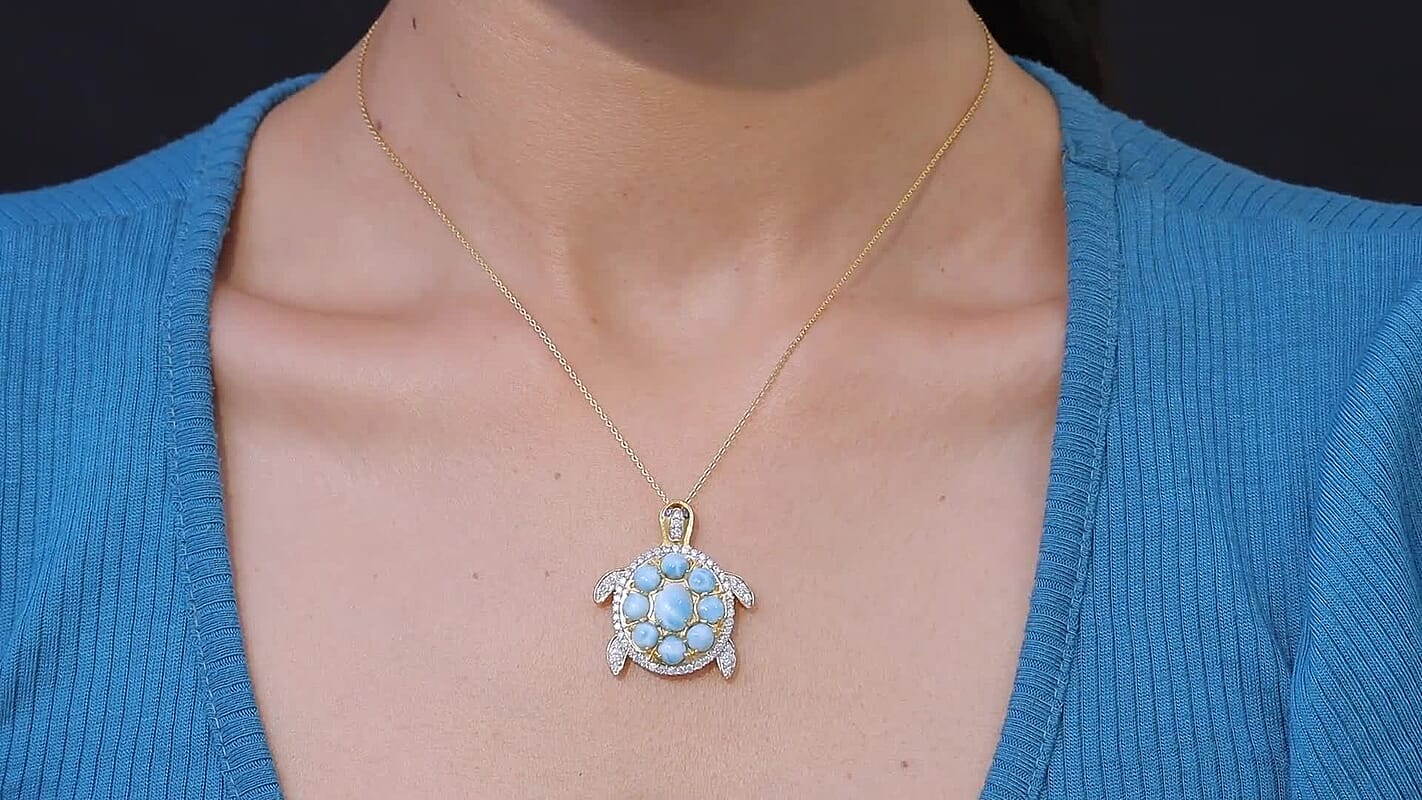 D'Joy AAA Larimar and Multi Gemstone 8.30 ctw Sea Turtle Pendant Necklace in 18K Vermeil Yellow Gold Over Sterling Silver 20 Inches