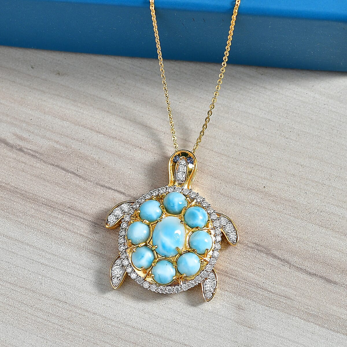 D'Joy AAA Larimar and Multi Gemstone 8.30 ctw Sea Turtle Pendant Necklace in 18K Vermeil Yellow Gold Over Sterling Silver 20 Inches image number 1