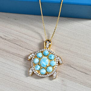 D'Joy AAA Larimar and Multi Gemstone 8.30 ctw Sea Turtle Pendant Necklace in 18K Vermeil Yellow Gold Over Sterling Silver 20 Inches