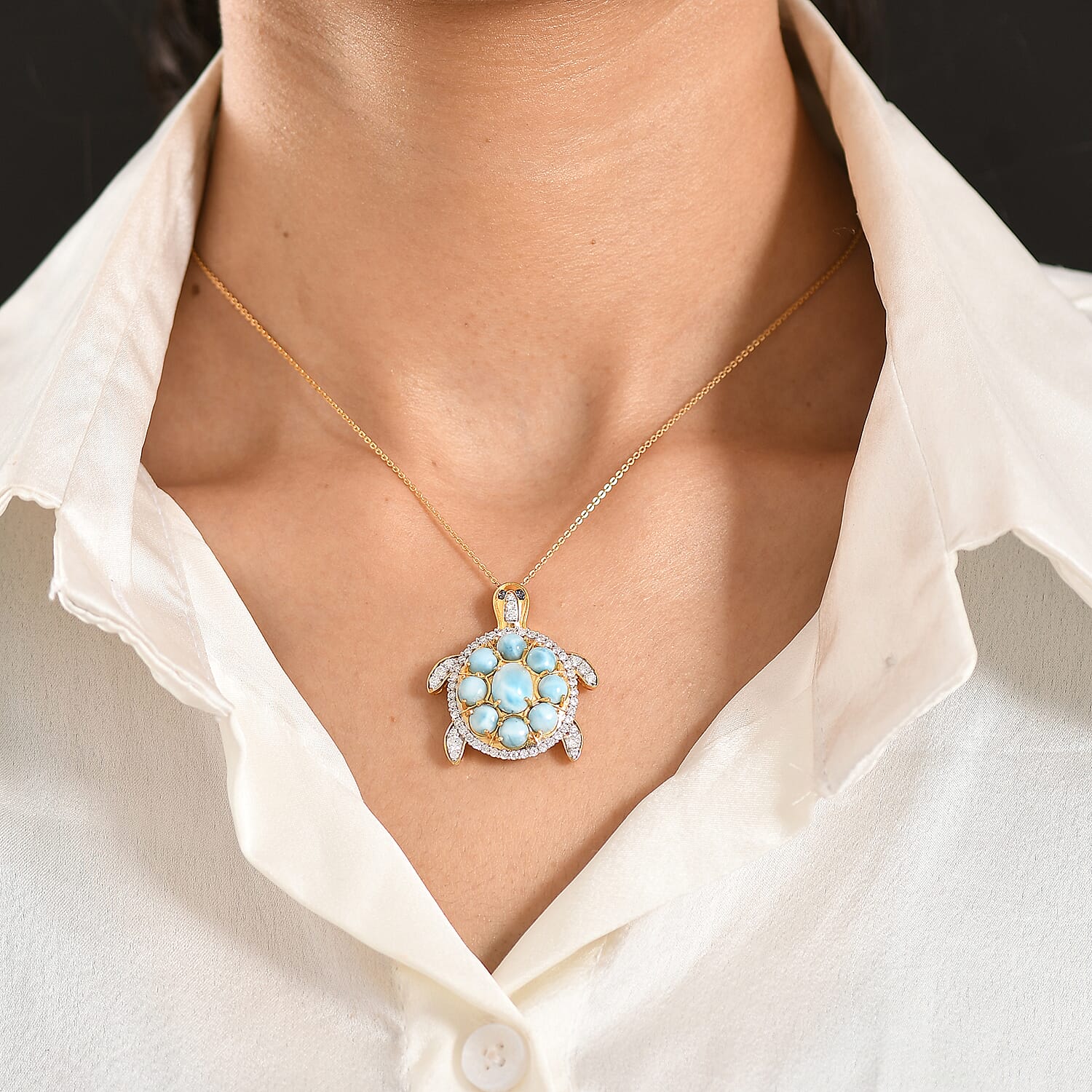 D'Joy AAA Larimar and Multi Gemstone 8.30 ctw Sea Turtle Pendant Necklace in 18K Vermeil Yellow Gold Over Sterling Silver 20 Inches