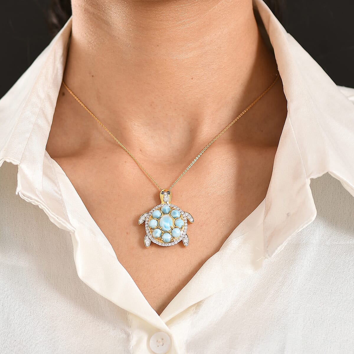 D'Joy AAA Larimar and Multi Gemstone 8.30 ctw Sea Turtle Pendant Necklace in 18K Vermeil Yellow Gold Over Sterling Silver 20 Inches image number 2