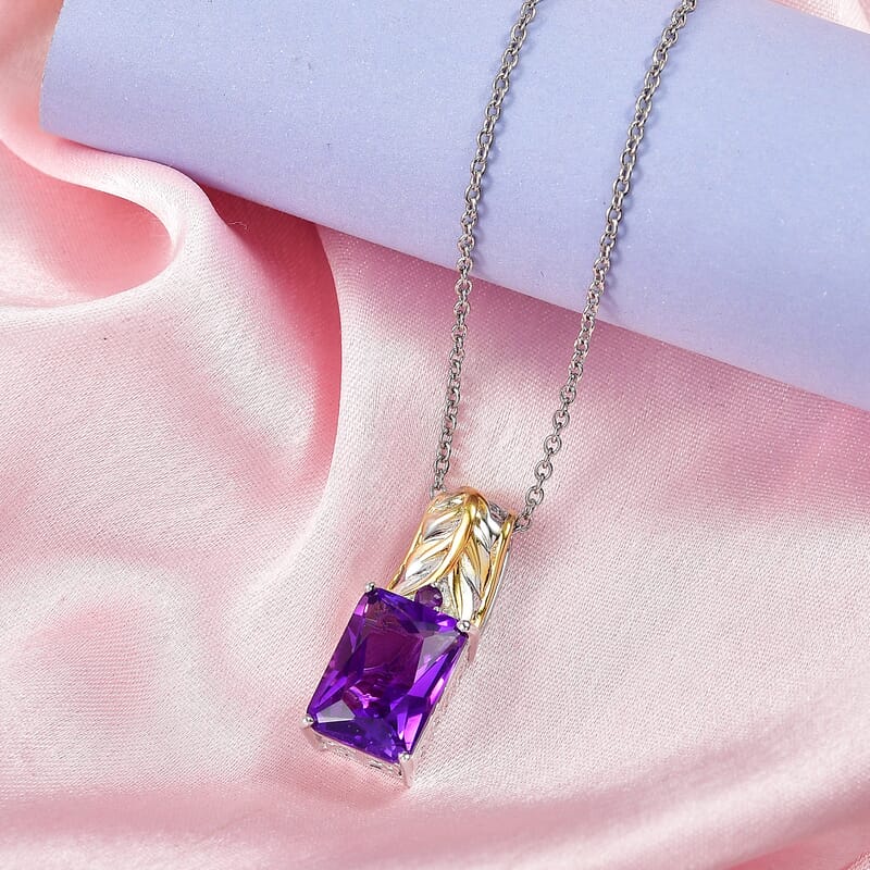 EverTrue African Amethyst 6.85 ctw Regal Leaf Pendant in 18K YG Plated and Platinum Bond with Stainless Steel Necklace (20 Inches)
