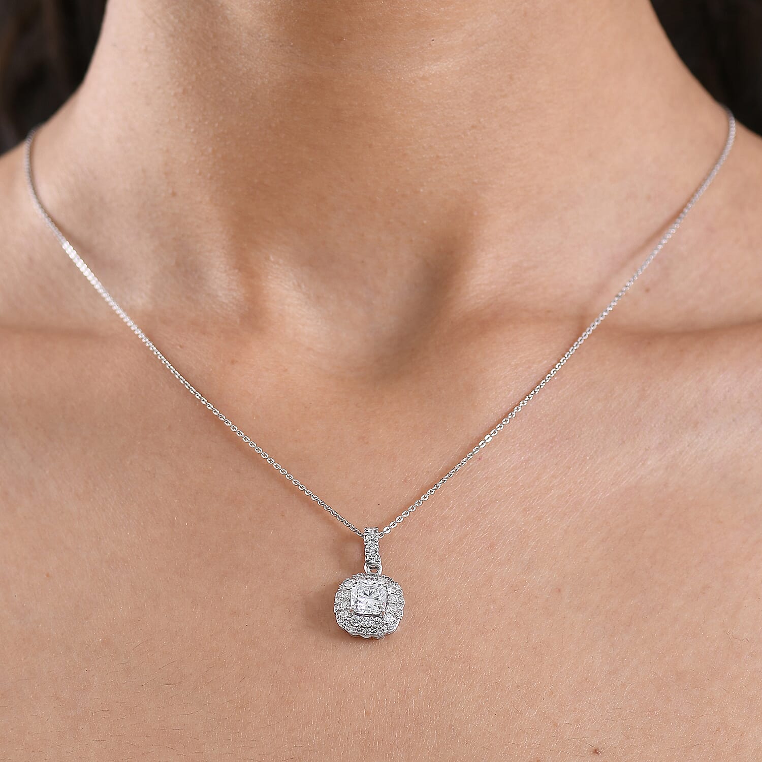 Luxuriant Lab Grown Diamond G-H SI 1.80 ctw Radiant Sunburst Pendant Necklace in Rhodium Over Sterling Silver 20 Inches 