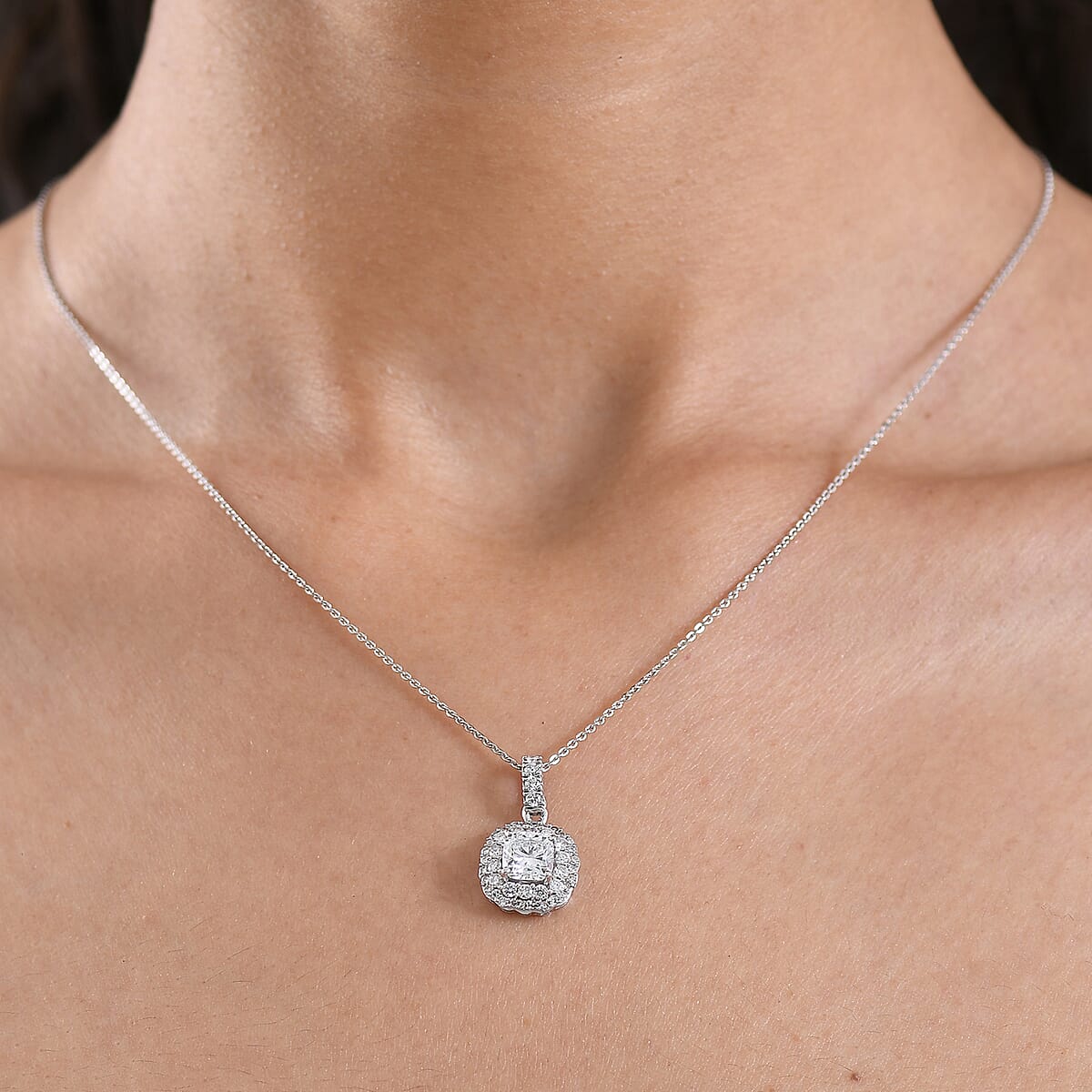 Luxuriant Lab Grown Diamond G-H SI 1.80 ctw Radiant Sunburst Pendant Necklace in Rhodium Over Sterling Silver 20 Inches  image number 2